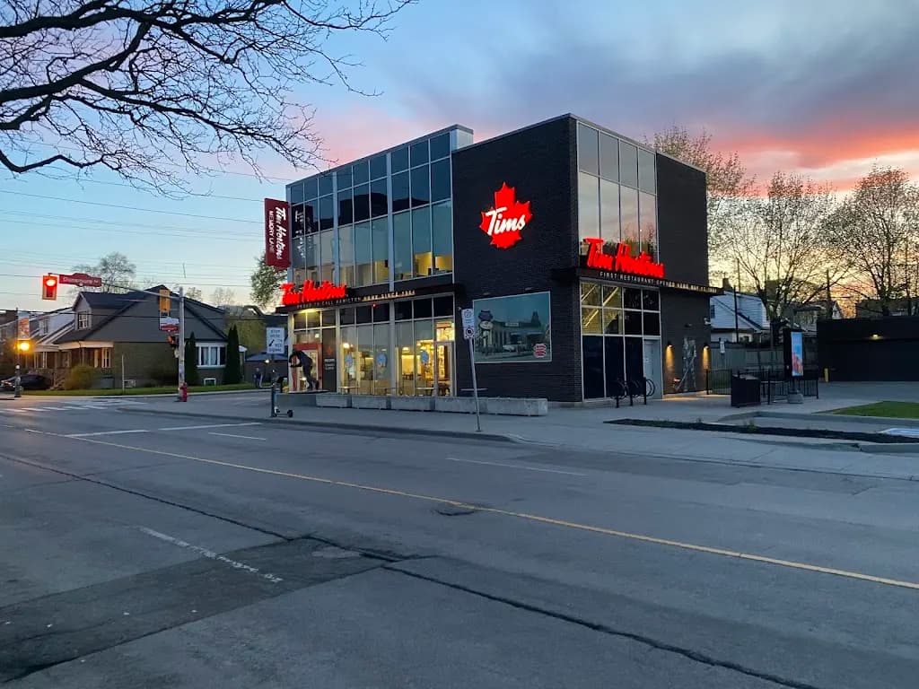 Tim Hortons storefront and interior at 65 Ottawa St N, Hamilton, ON