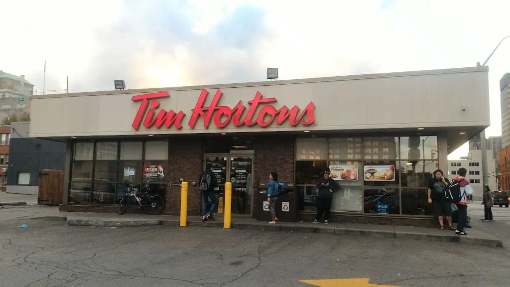 Tim Hortons storefront and interior at 80 John St, Hamilton, ON