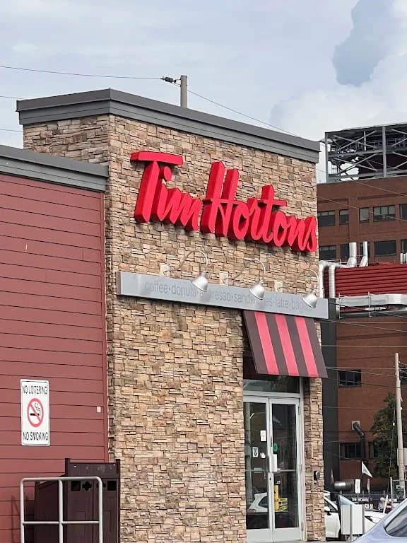 Tim Hortons storefront and interior at 200 Barton St E, Hamilton, ON