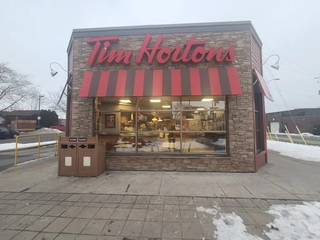 Tim Hortons storefront and interior at 257 Main St E, Hamilton, ON