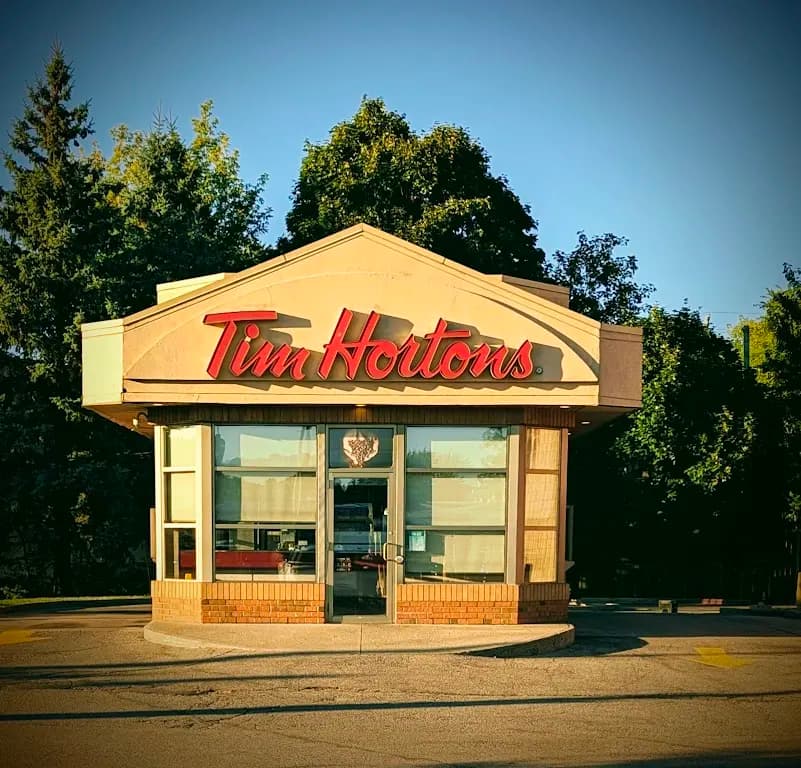 Tim Hortons storefront and interior at 620 King St, Hamilton, ON