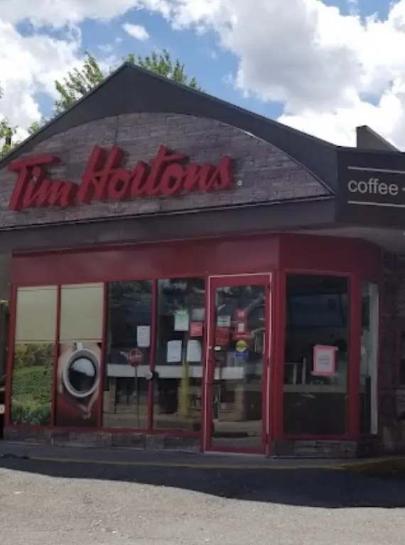 Tim Hortons storefront and interior at 888 Main St E, Hamilton, ON