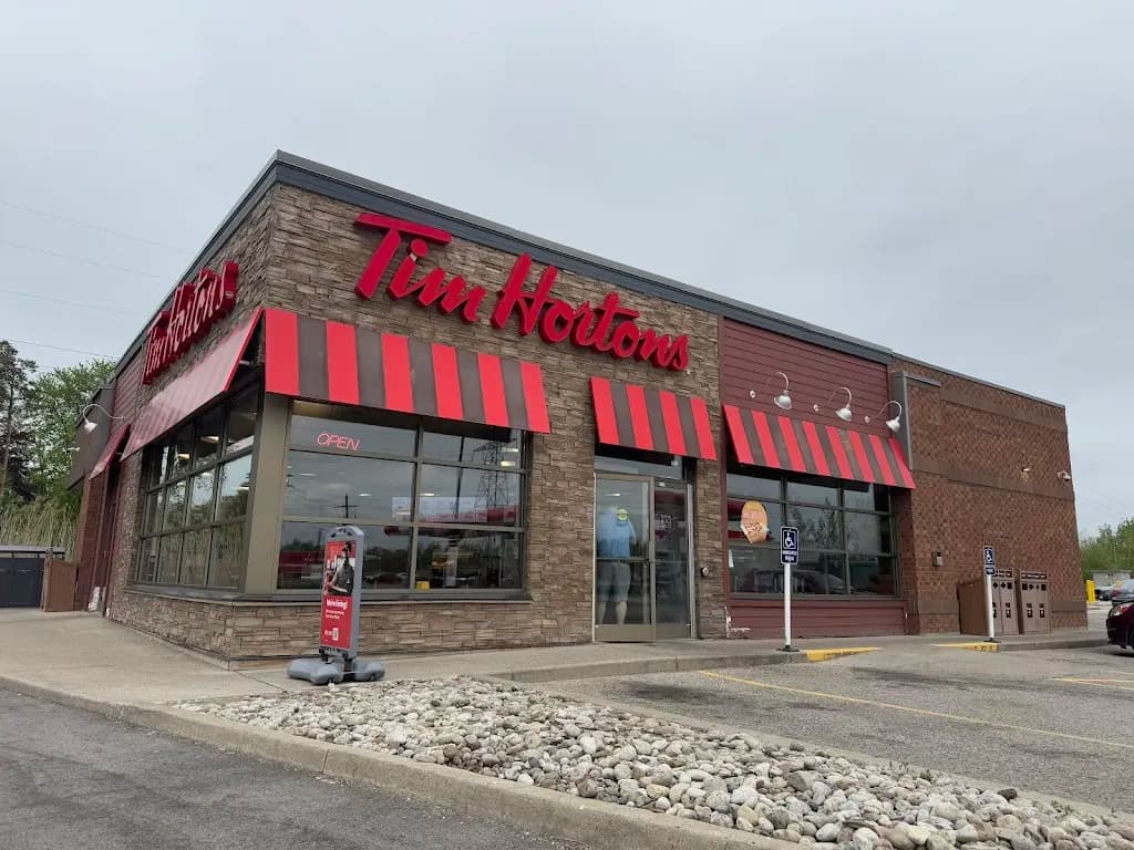 Tim Hortons storefront and interior at 1470 Hwy 6 North, Hamilton, ON