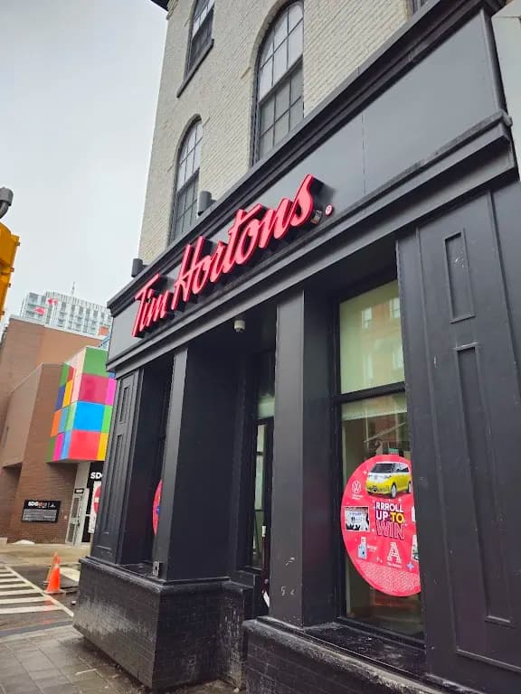 Tim Hortons storefront and interior at 4 King St E, Kitchener, ON