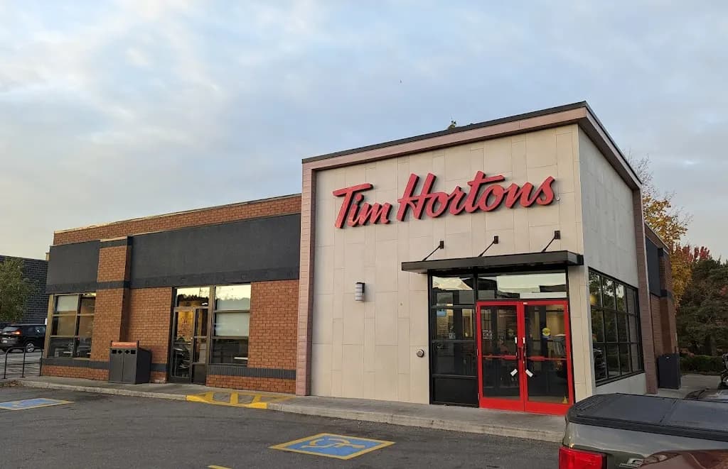 Tim Hortons storefront and interior at 123 Pioneer Rd, Kitchener, ON