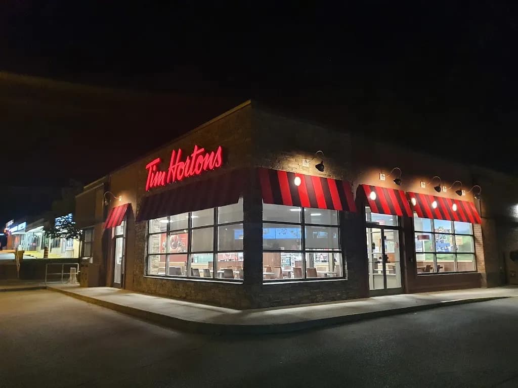 Tim Hortons storefront and interior at 260 Bleams Rd, Kitchener, ON