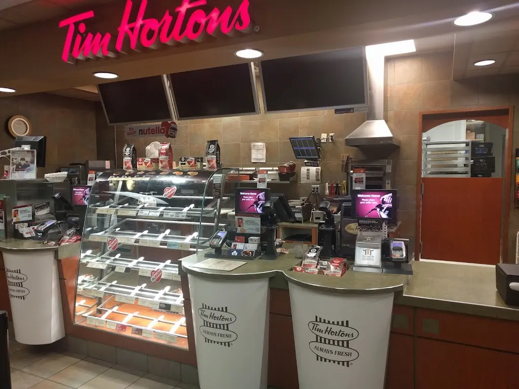 Tim Hortons storefront and interior at 299 Doon Valley Dr, Kitchener, ON