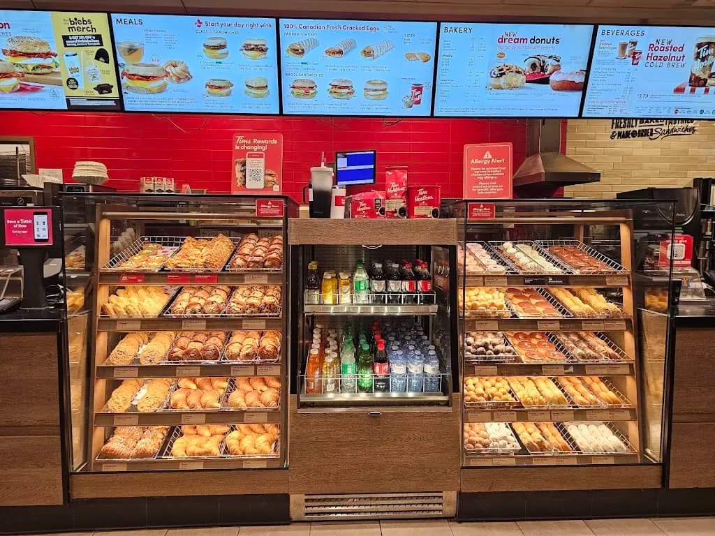 Tim Hortons storefront and interior at 340 Westmount Rd West, Kitchener, ON