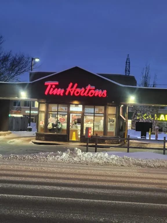 Tim Hortons storefront and interior at 354 Highland Rd West, Kitchener, ON