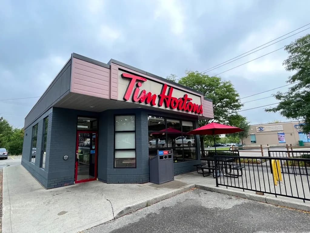 Tim Hortons storefront and interior at 638 Belmont Ave West, Kitchener, ON