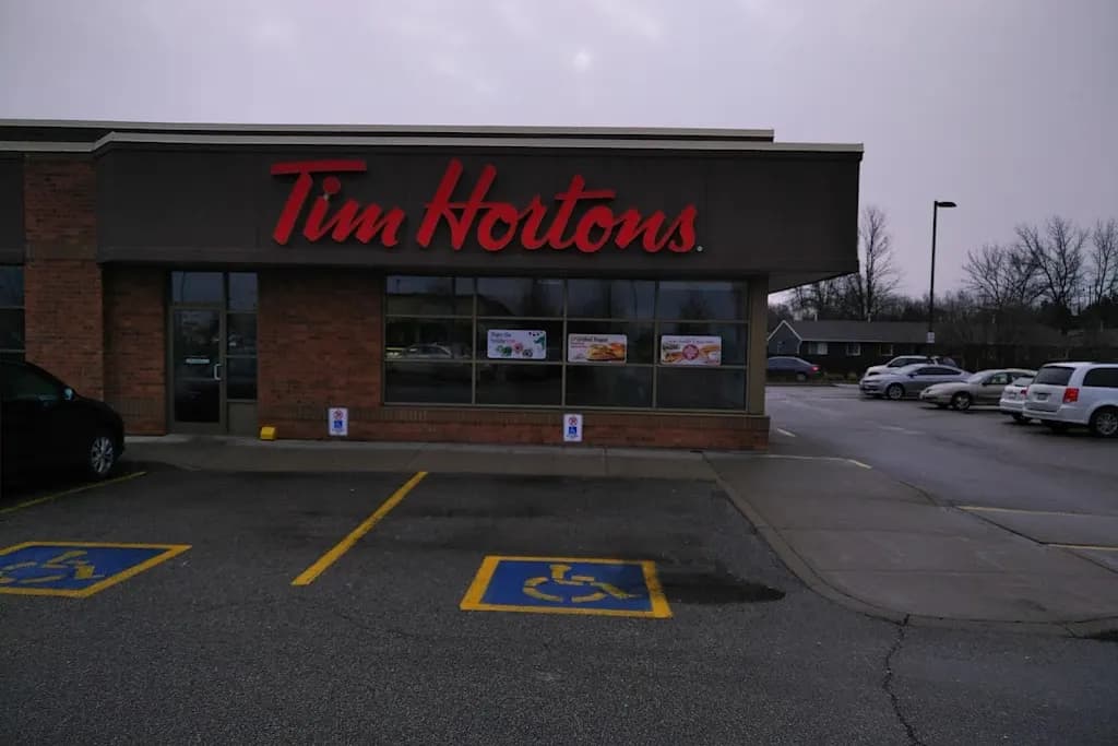 Tim Hortons storefront and interior at 795 Ottawa St South, Kitchener, ON
