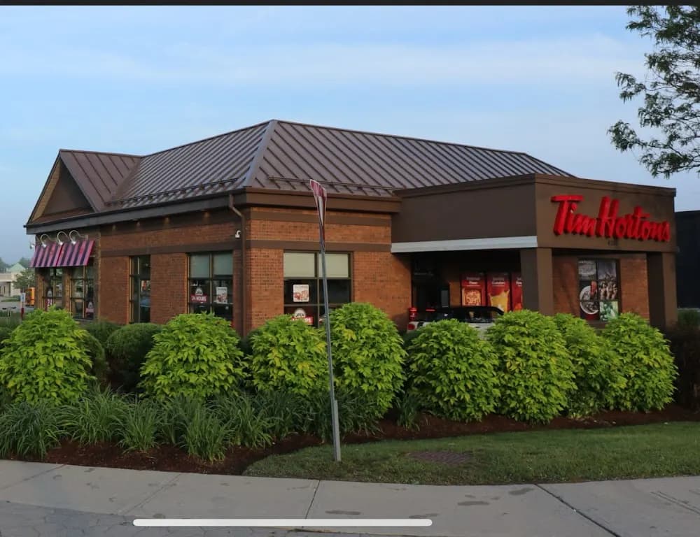 Tim Hortons storefront and interior at 4285 King St East, Kitchener, ON