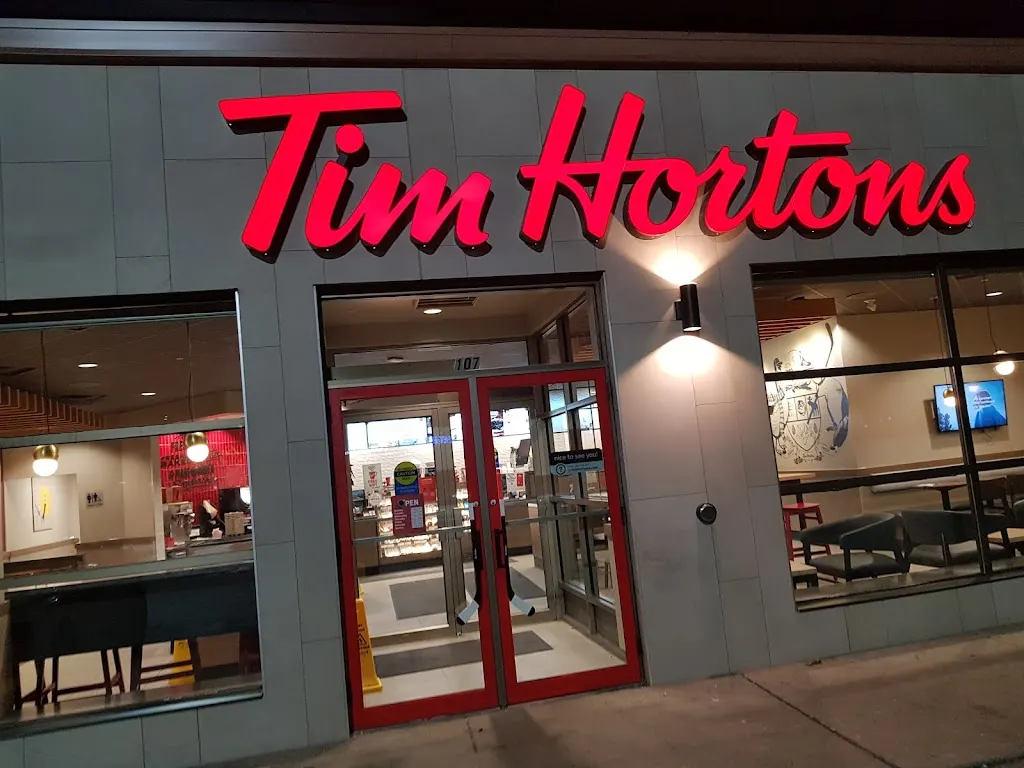 Tim Hortons storefront and interior at 4396 King St E, Kitchener, ON