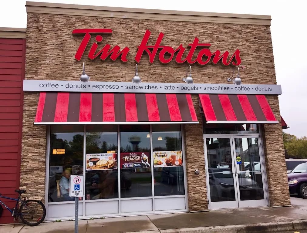 Tim Hortons storefront and interior at 215 Mitchell Ave S, Listowel, ON