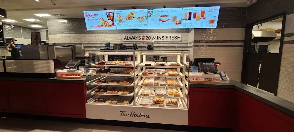Tim Hortons storefront and interior at 3075 Manning Rd, Maidstone, ON