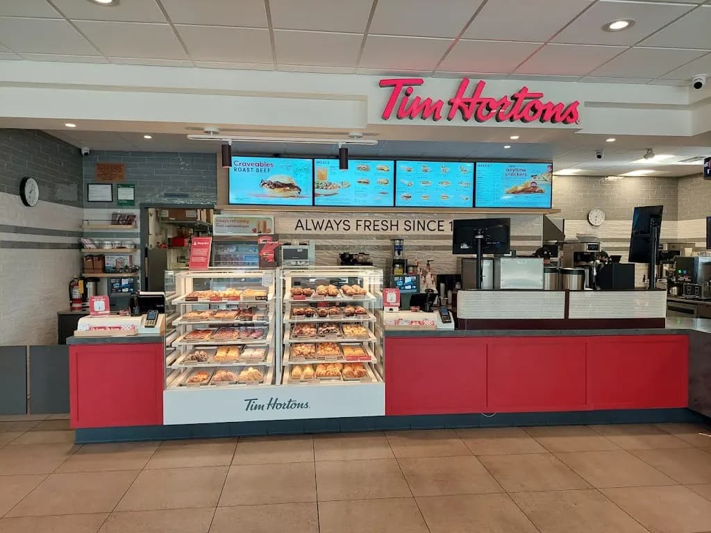 Tim Hortons storefront and interior at 3100 Major Mackenzie Dr, Maple, ON