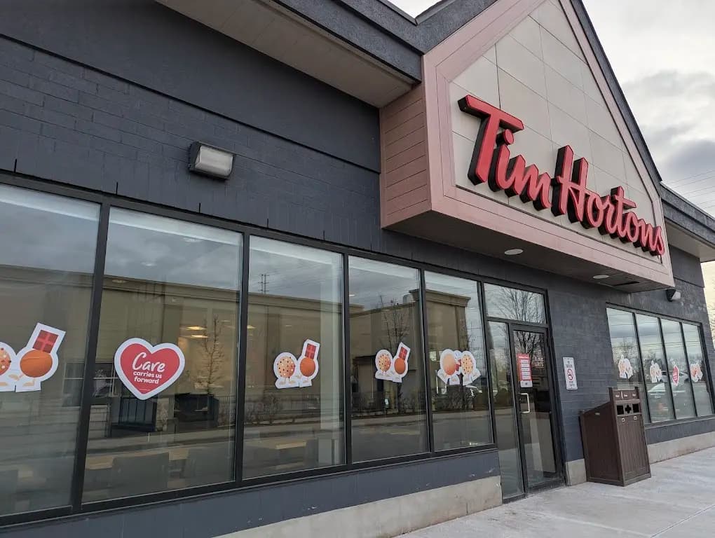 Tim Hortons storefront and interior at 9251 Woodbine Ave, Markham, ON