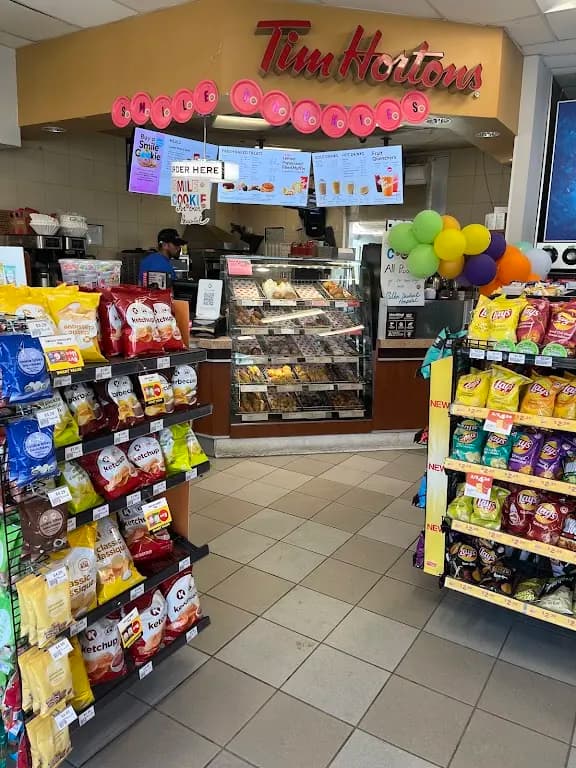Tim Hortons storefront and interior at 6788 Regional Rd 25, Milton, ON