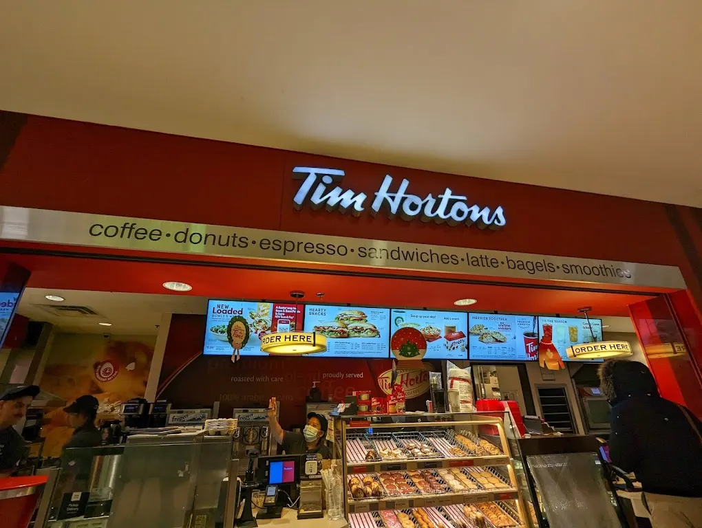 Tim Hortons storefront and interior at 394 City Centre Drive, Mississauga, ON