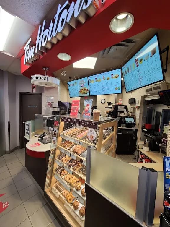 Tim Hortons storefront and interior at 624 Third Line, Oakville, ON