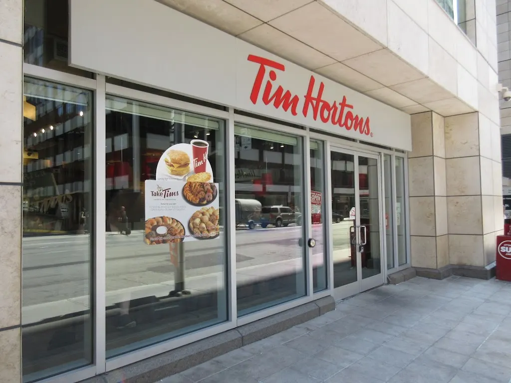 Tim Hortons storefront and interior at 90 Elgin St, Ottawa, ON