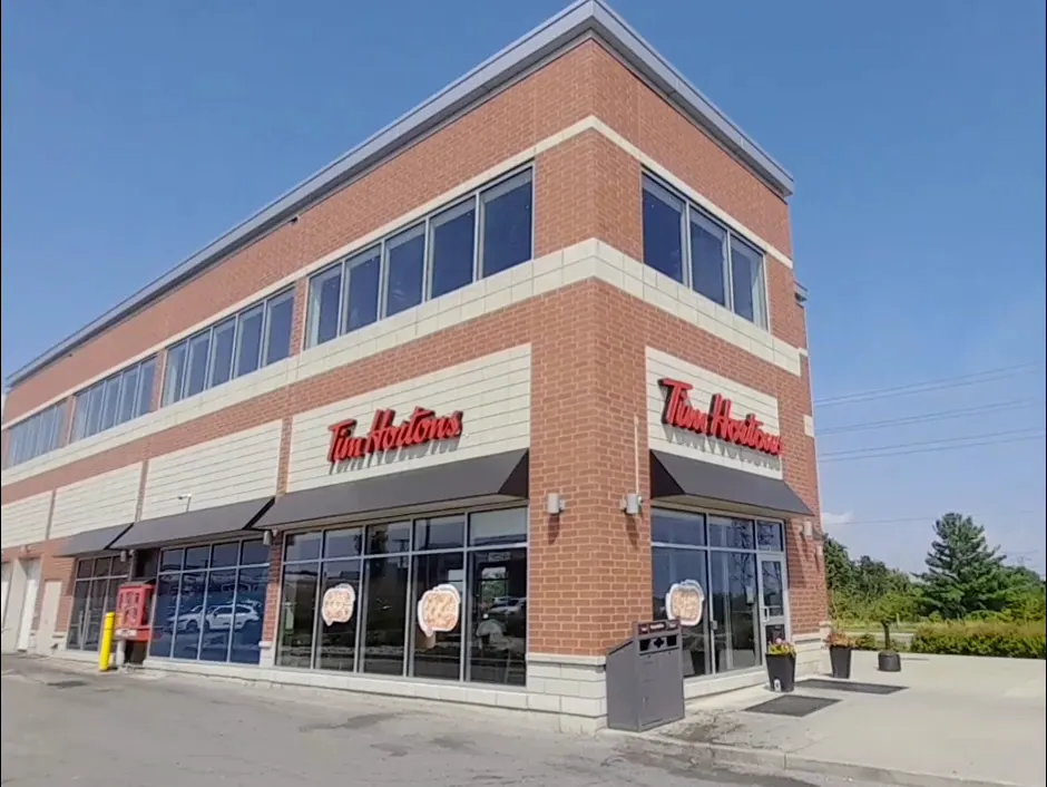 Tim Hortons storefront and interior at 2460 Brock Road, Pickering, ON
