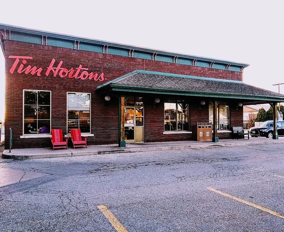 Tim Hortons storefront and interior at 1229 King St North, Saint Jacobs, ON