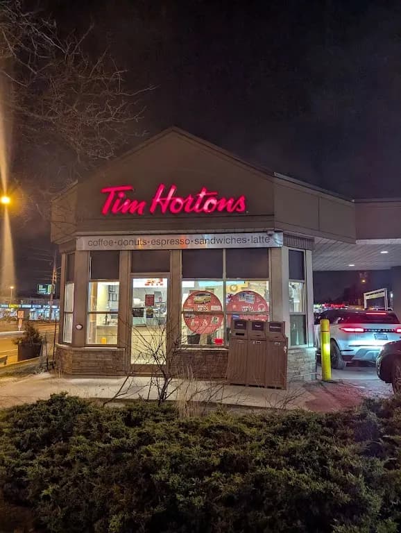 Tim Hortons storefront and interior at 2044 Lawrence Ave East, Scarborough, ON