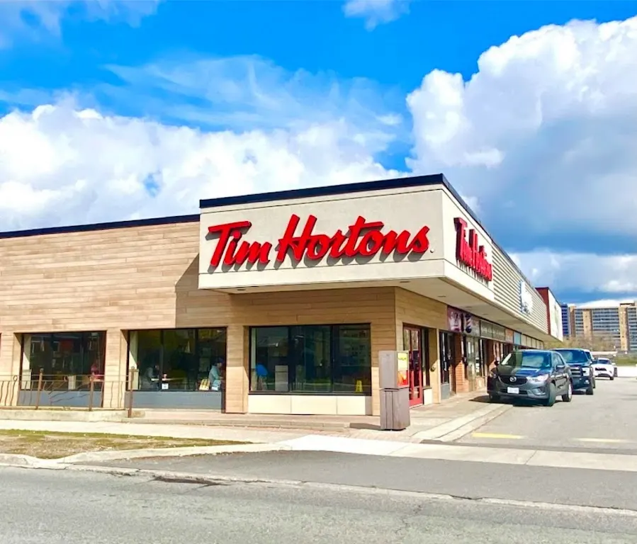 Tim Hortons storefront and interior at 2480 Gerrard St East, Scarborough, ON