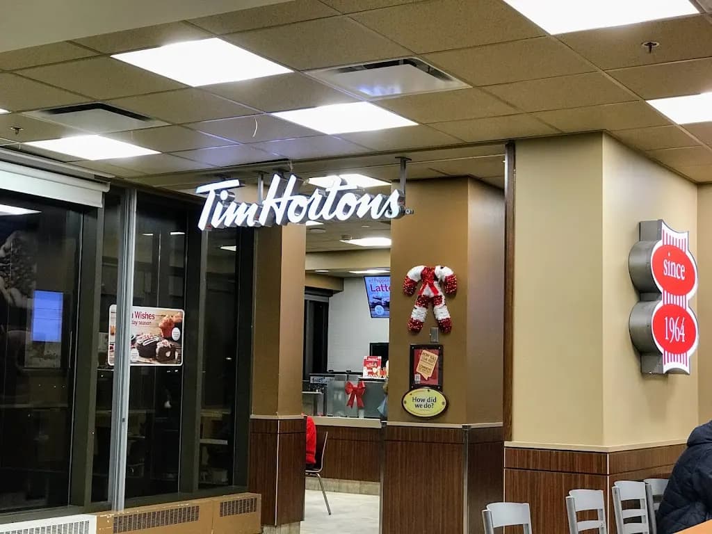 Tim Hortons storefront and interior at 3030 Birchmount Rd, Scarborough, ON