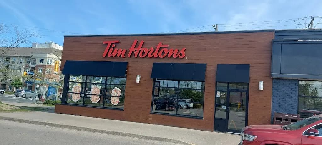 Tim Hortons storefront and interior at 3276 St Clair Ave East, Scarborough, ON