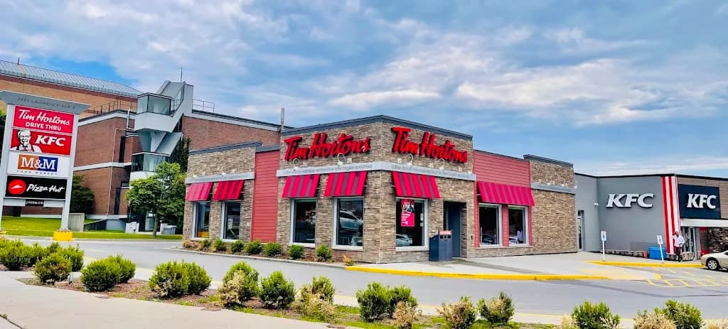Tim Hortons storefront and interior at 3353 Lawrence Ave E, Scarborough, ON