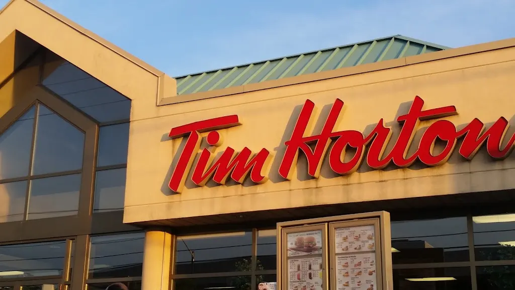 Tim Hortons storefront and interior at 8129 Sheppard Ave, Scarborough, ON