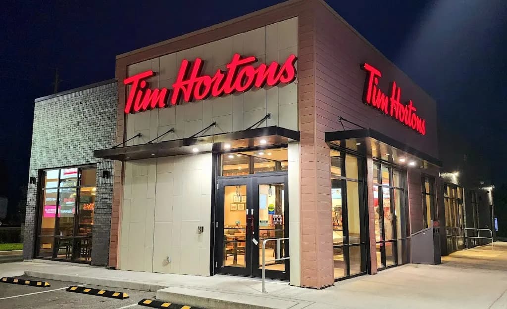 Tim Hortons storefront and interior at 301 Colonel Phillips Drive, Shelburne, ON