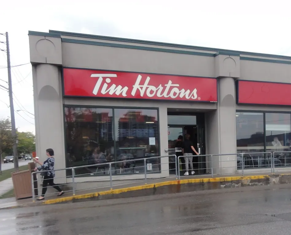 Tim Hortons storefront and interior at 20 Brentcliffe Road, Toronto, ON