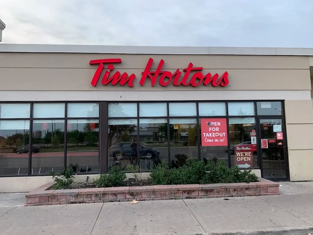 Tim Hortons storefront and interior at 45 Overlea Blvd, Toronto, ON