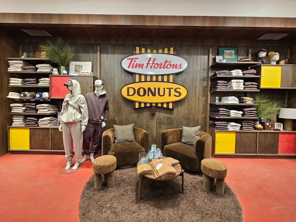 Tim Hortons storefront and interior at 218 Yonge St, Toronto, ON