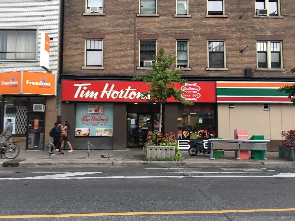 Tim Hortons storefront and interior at 334 Bloor St West, Toronto, ON