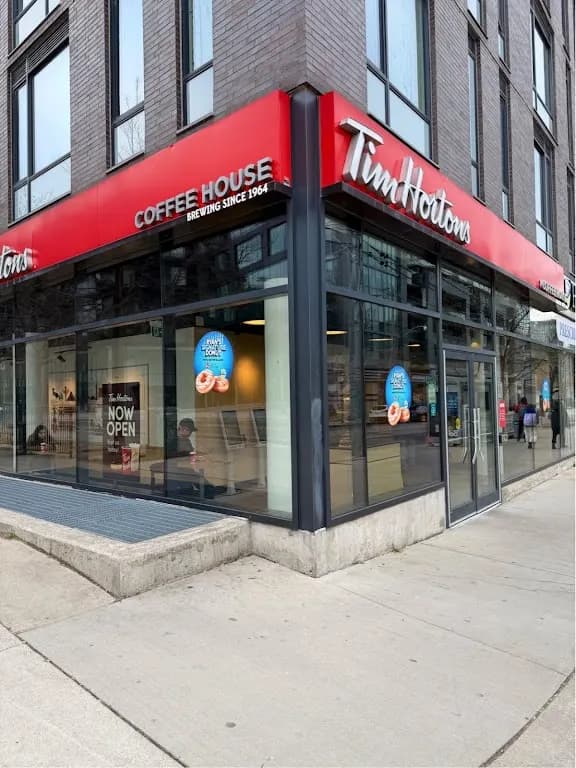 Tim Hortons storefront and interior at 589 King St East, Toronto, ON