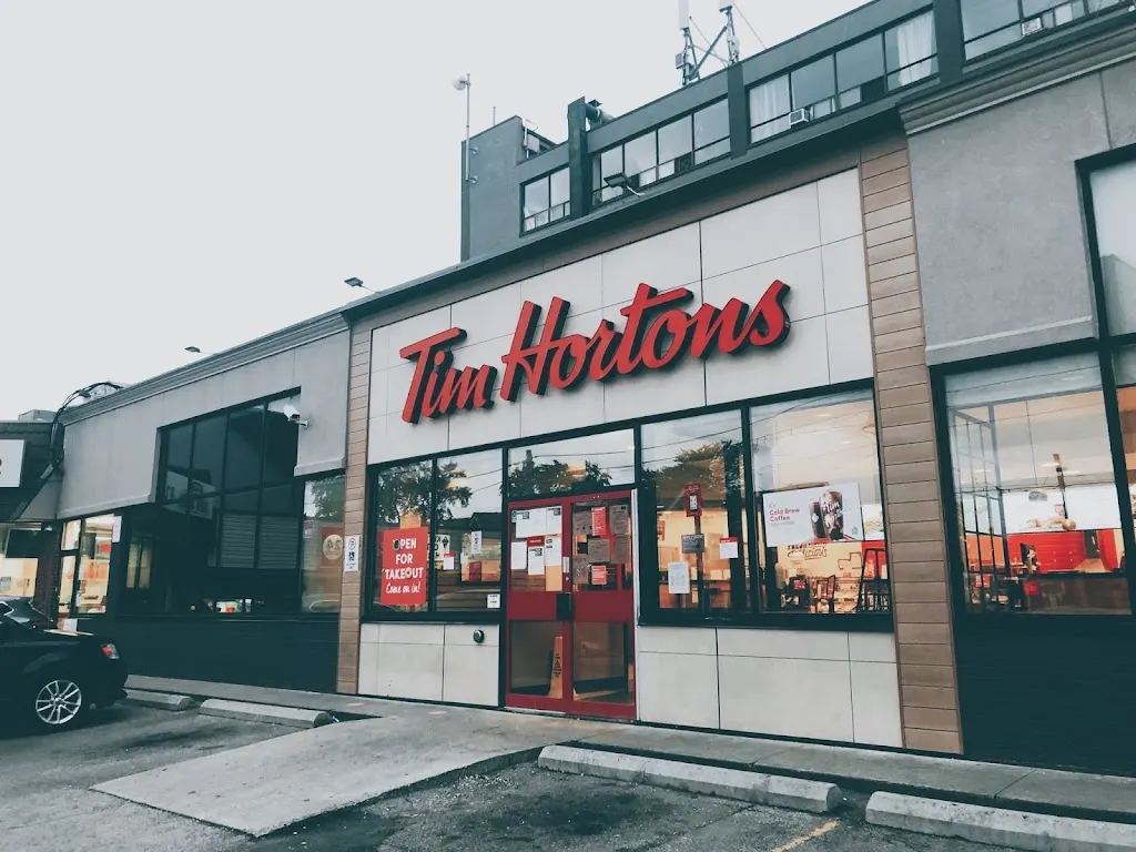 Tim Hortons storefront and interior at 745 College St, Toronto, ON
