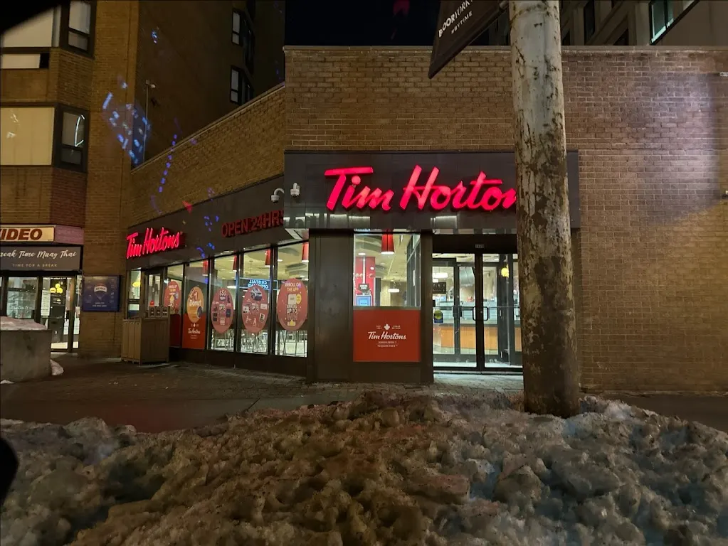 Tim Hortons storefront and interior at 1170 Bay St, Toronto, ON