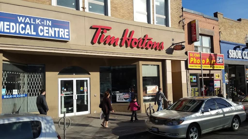 Tim Hortons storefront and interior at 1176 St Clair Ave West, Toronto, ON