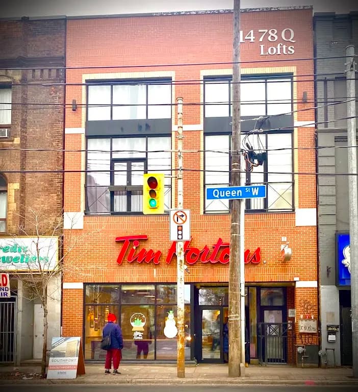 Tim Hortons storefront and interior at 1480 Queen St West, Toronto, ON