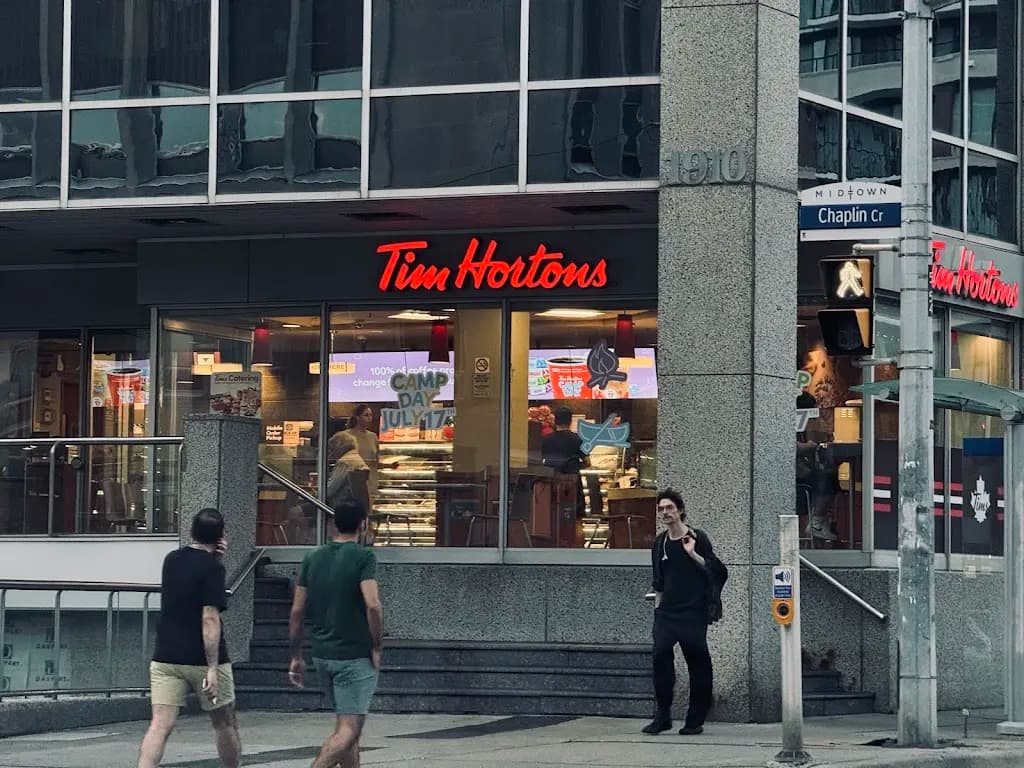 Tim Hortons storefront and interior at 1910 Yonge St, Toronto, ON