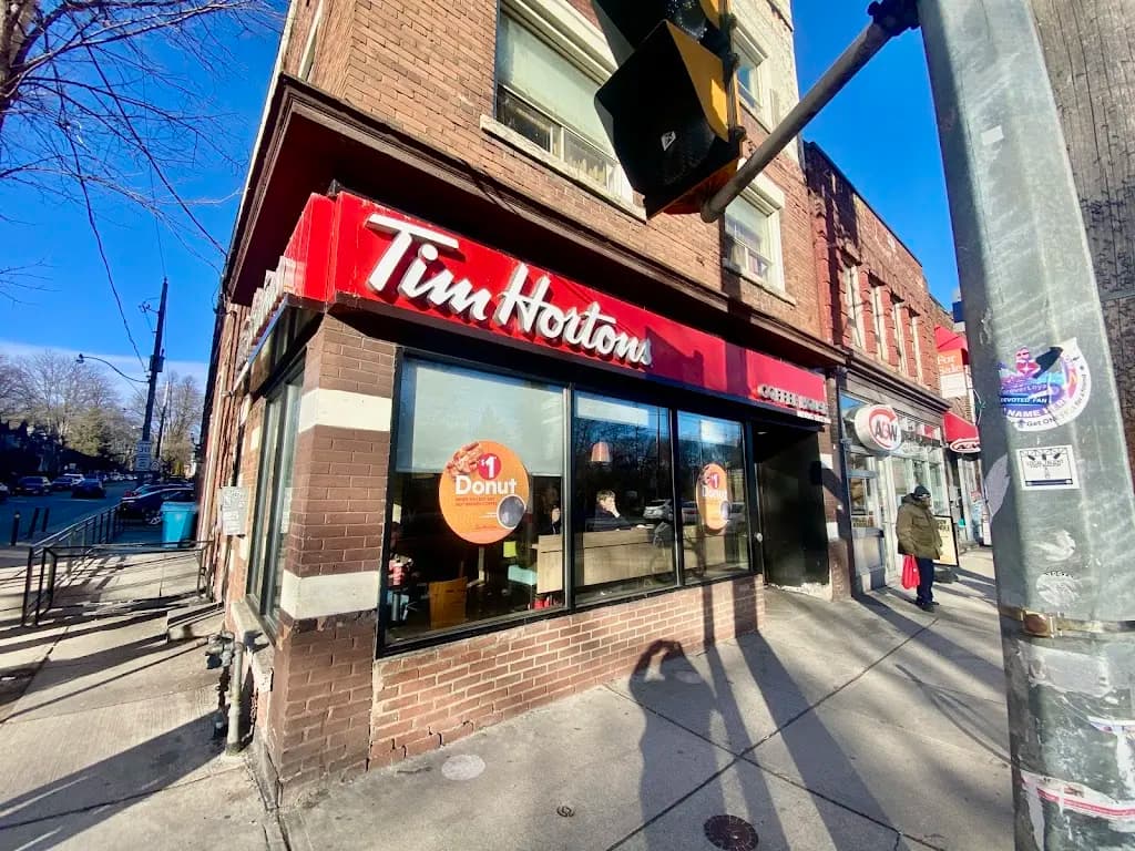 Tim Hortons storefront and interior at 2002 Queen St East, Toronto, ON