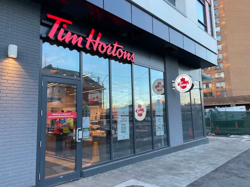 Tim Hortons storefront and interior at 2388 Dundas St W, Toronto, ON