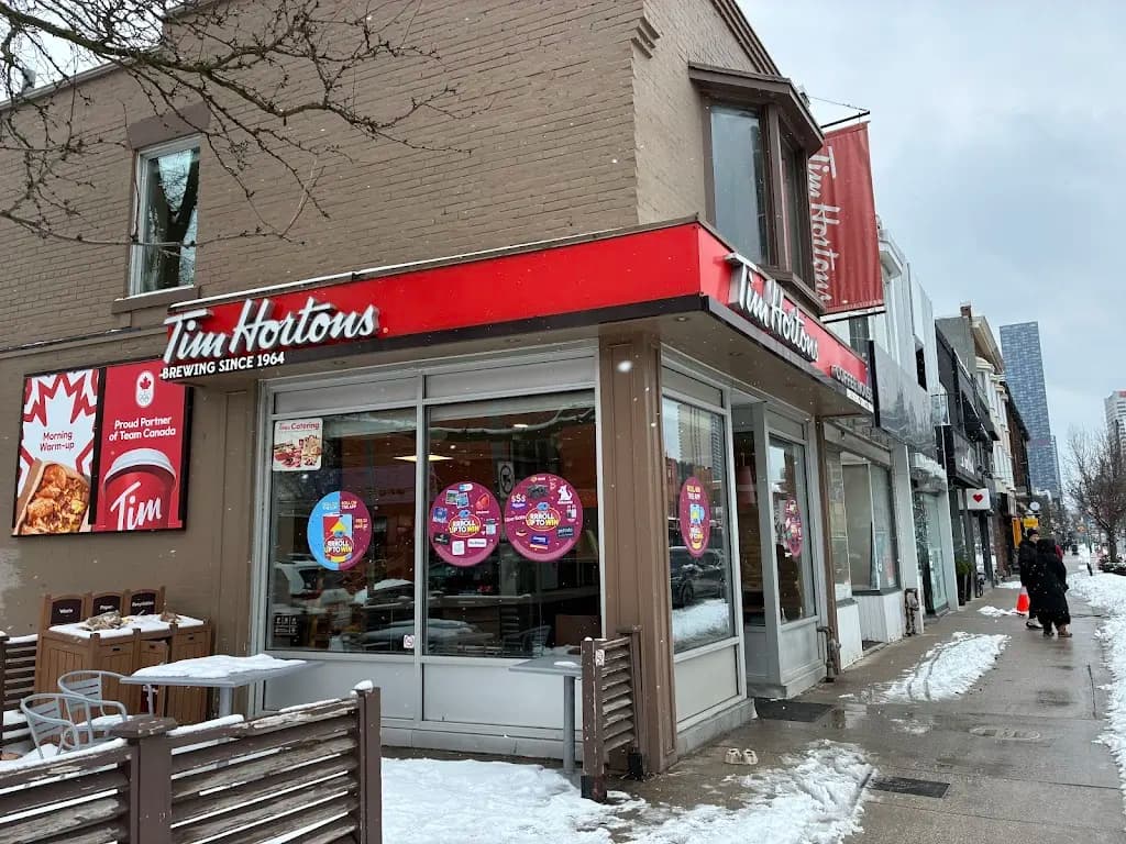 Tim Hortons storefront and interior at 2619 Yonge St, Toronto, ON