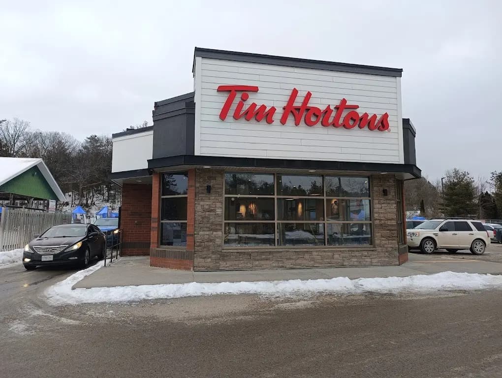 Tim Hortons storefront and interior at 601 Moira St, Tweed, ON