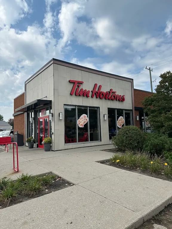 Tim Hortons storefront and interior at 145 Hamilton St N, Waterdown, ON
