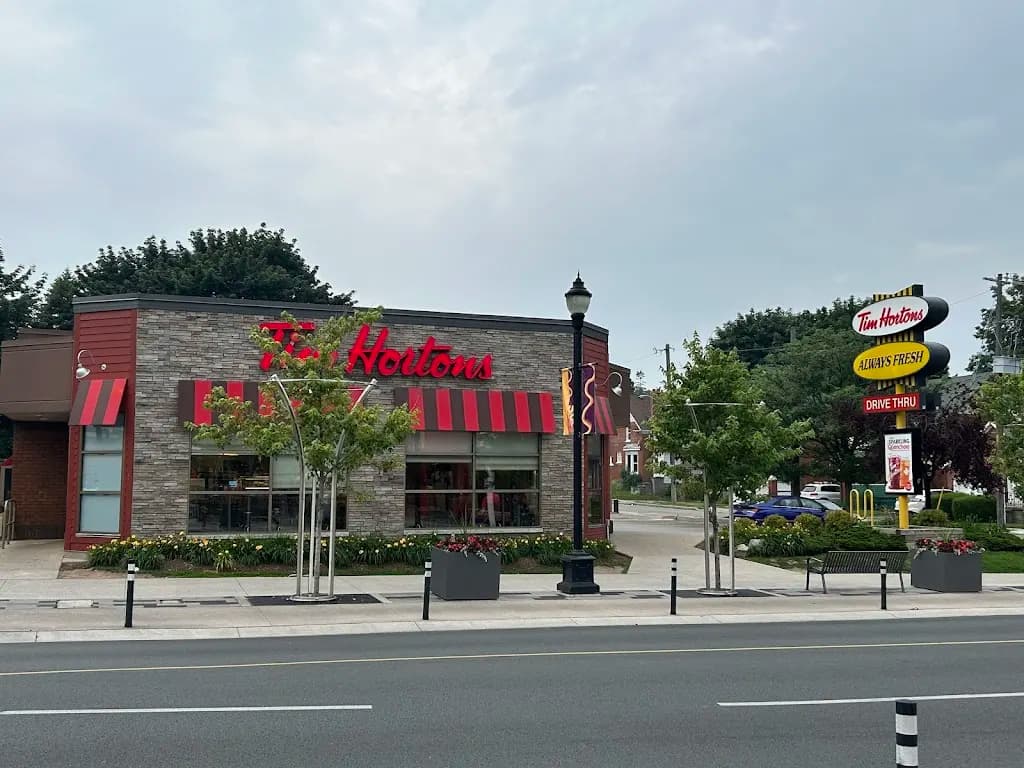 Tim Hortons storefront and interior at 109 King St North, Waterloo, ON